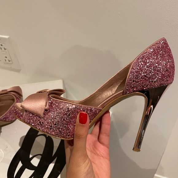 Nine West Pink sparkly peep toe heels with bow - Picture 9 of 16